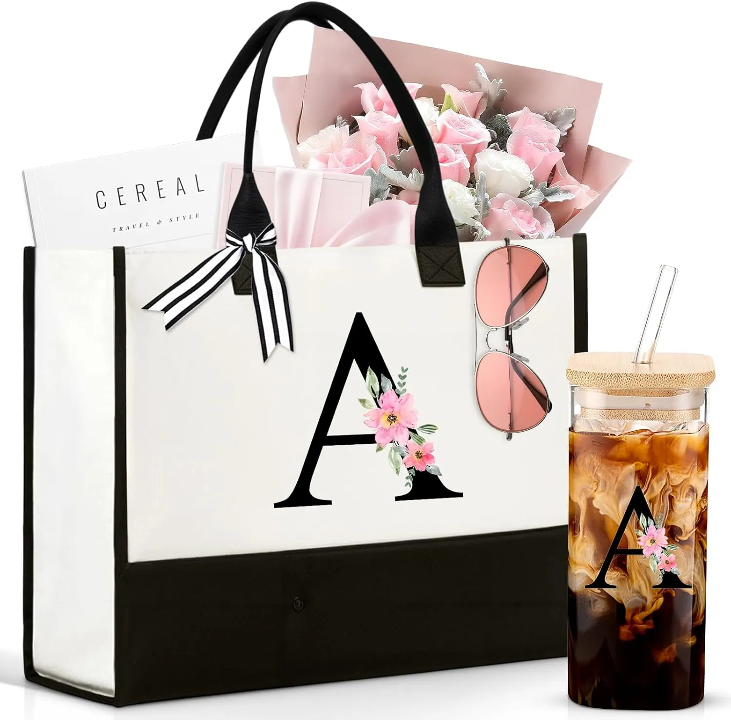 Initial Gifts for Women Initial Canvas Tote Bag and Personalized Makeup Bag, White