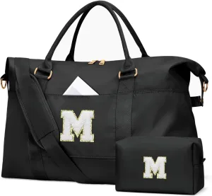 Initial Girls Travel Duffel Bag, Weekender Bags for Women, Kids Overnight Gym Carry On Tote Bag with Makeup Bag, Personalized Teen Girls Gift Trendy Stuff(Black,M)