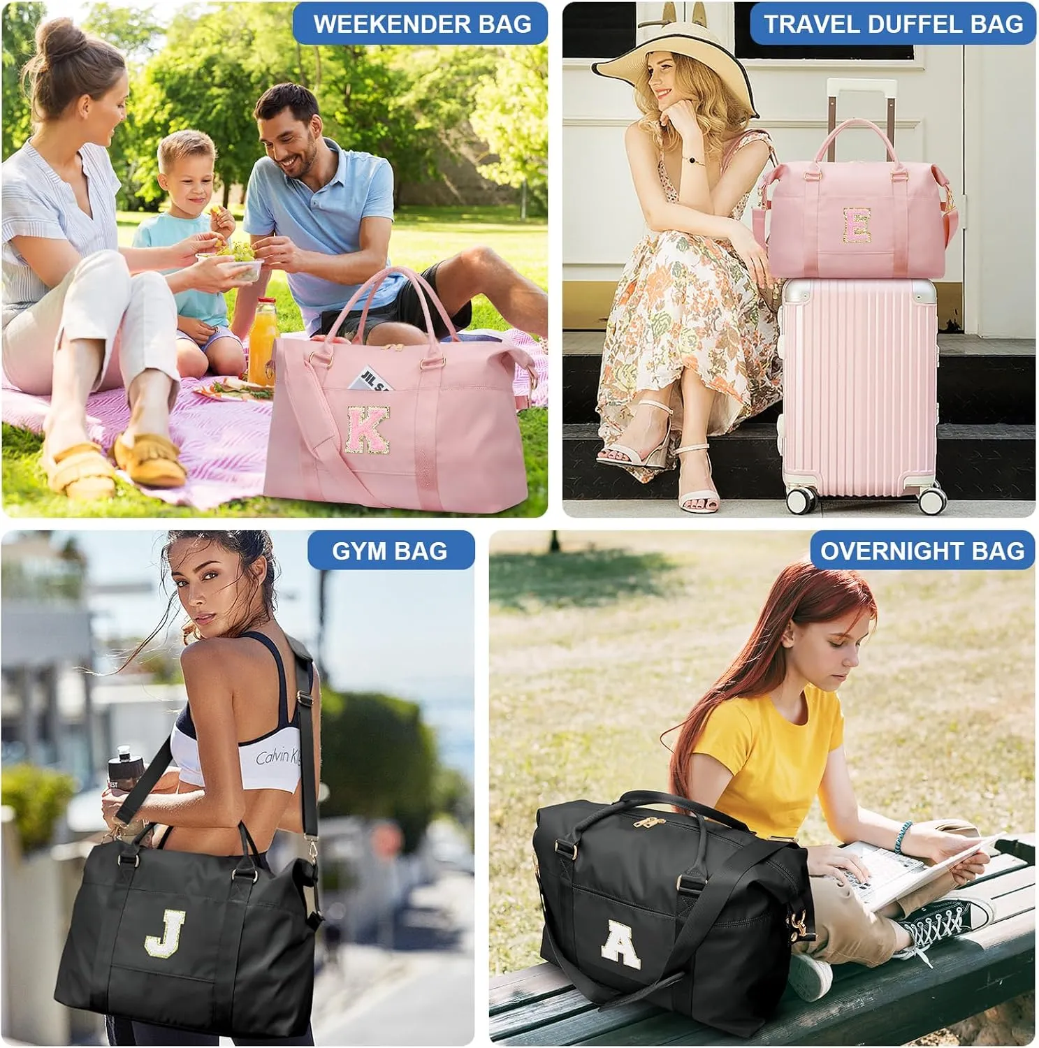 Initial Girls Travel Duffel Bag, Weekender Bags for Women, Kids Overnight Gym Carry On Tote Bag with Makeup Bag, Personalized Teen Girls Gift Trendy Stuff(Black,S)