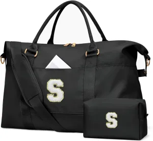 Initial Girls Travel Duffel Bag, Weekender Bags for Women, Kids Overnight Gym Carry On Tote Bag with Makeup Bag, Personalized Teen Girls Gift Trendy Stuff(Black,S)