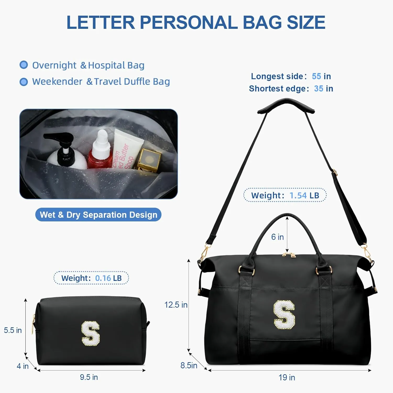 Initial Girls Travel Duffel Bag, Weekender Bags for Women, Kids Overnight Gym Carry On Tote Bag with Makeup Bag, Personalized Teen Girls Gift Trendy Stuff(Black,S)
