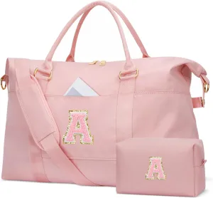 Initial Girls Travel Duffel Bag, Weekender Bags for Women, Kids Overnight Gym Carry On Tote Bag with Makeup Bag, Personalized Teen Girls Gift Trendy Stuff(Pink,A)
