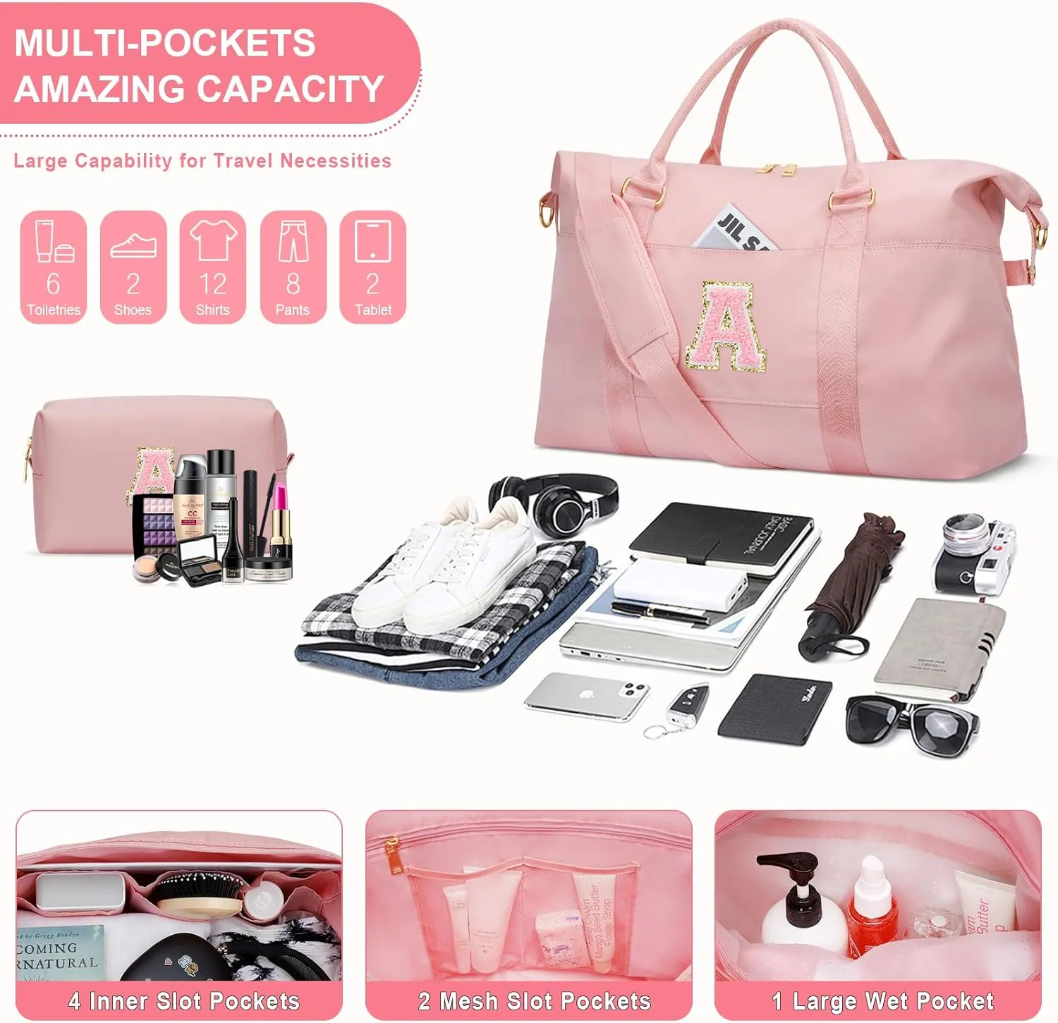 Initial Girls Travel Duffel Bag, Weekender Bags for Women, Kids Overnight Gym Carry On Tote Bag with Makeup Bag, Personalized Teen Girls Gift Trendy Stuff(Pink,A)