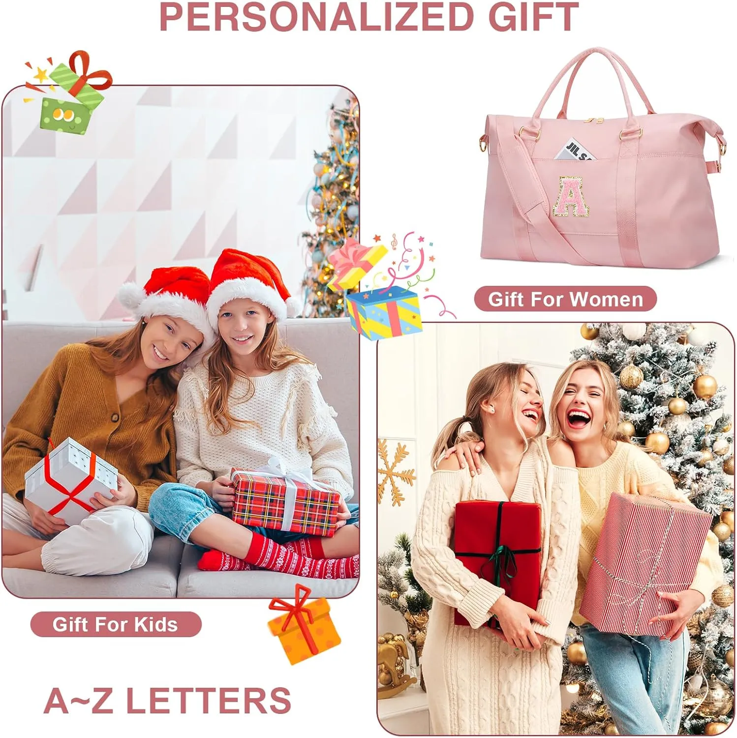 Initial Girls Travel Duffel Bag, Weekender Bags for Women, Kids Overnight Gym Carry On Tote Bag with Makeup Bag, Personalized Teen Girls Gift Trendy Stuff(Pink,A)