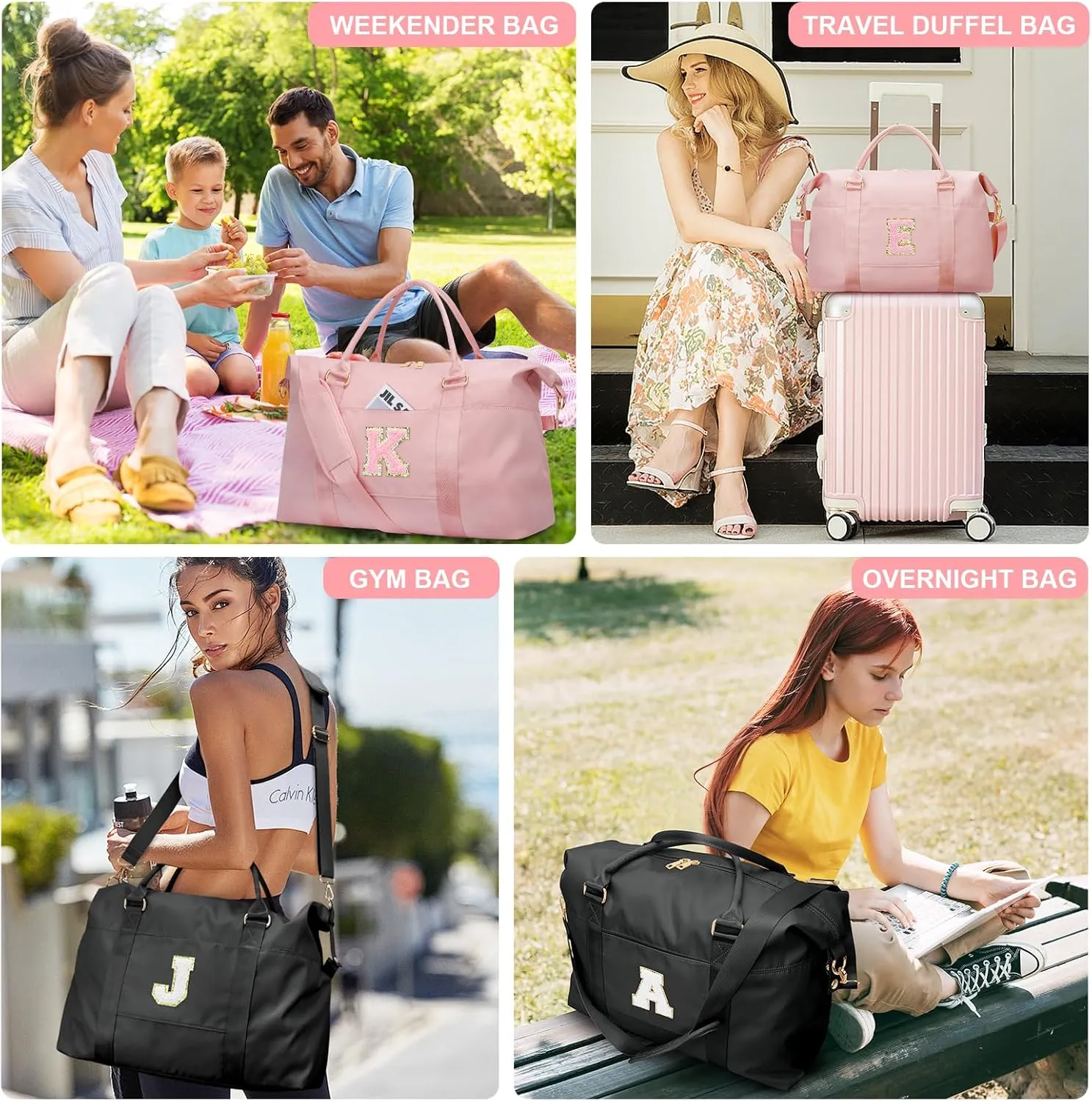 Initial Girls Travel Duffel Bag, Weekender Bags for Women, Kids Overnight Gym Carry On Tote Bag with Makeup Bag, Personalized Teen Girls Gift Trendy Stuff(Pink,M)