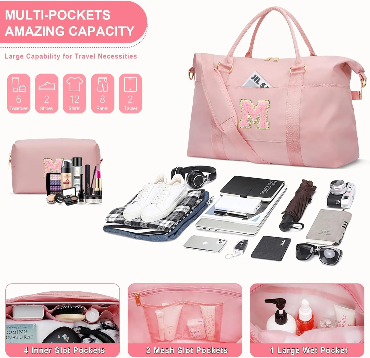 Initial Girls Travel Duffel Bag, Weekender Bags for Women, Kids Overnight Gym Carry On Tote Bag with Makeup Bag, Personalized Teen Girls Gift Trendy Stuff(Pink,M)