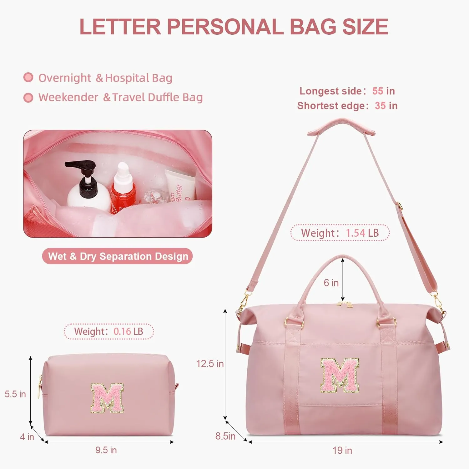 Initial Girls Travel Duffel Bag, Weekender Bags for Women, Kids Overnight Gym Carry On Tote Bag with Makeup Bag, Personalized Teen Girls Gift Trendy Stuff(Pink,M)