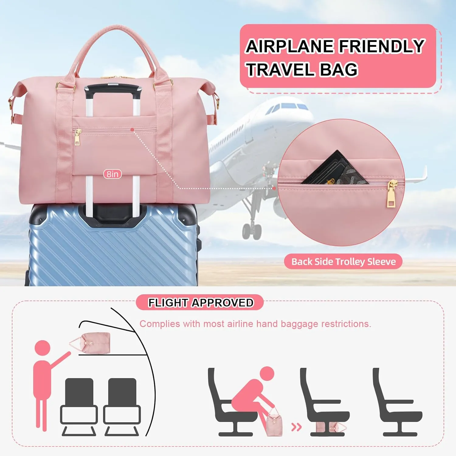 Initial Girls Travel Duffel Bag, Weekender Bags for Women, Kids Overnight Gym Carry On Tote Bag with Makeup Bag, Personalized Teen Girls Gift Trendy Stuff(Pink,M)