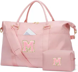 Initial Girls Travel Duffel Bag, Weekender Bags for Women, Kids Overnight Gym Carry On Tote Bag with Makeup Bag, Personalized Teen Girls Gift Trendy Stuff(Pink,M)