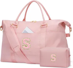 Initial Girls Travel Duffel Bag, Weekender Bags for Women, Kids Overnight Gym Carry On Tote Bag with Makeup Bag, Personalized Teen Girls Gift Trendy Stuff(Pink,S)