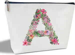 Initial Letter A Gifts for Women Mom Friend Besties Sister, Flower Monogrammed Makeup Bag, Cosmetic Travel Bag with Zipper for Mother's Day Wedding Graduation, Bride Bridesmaid Pouch Toiletry Bag - 01