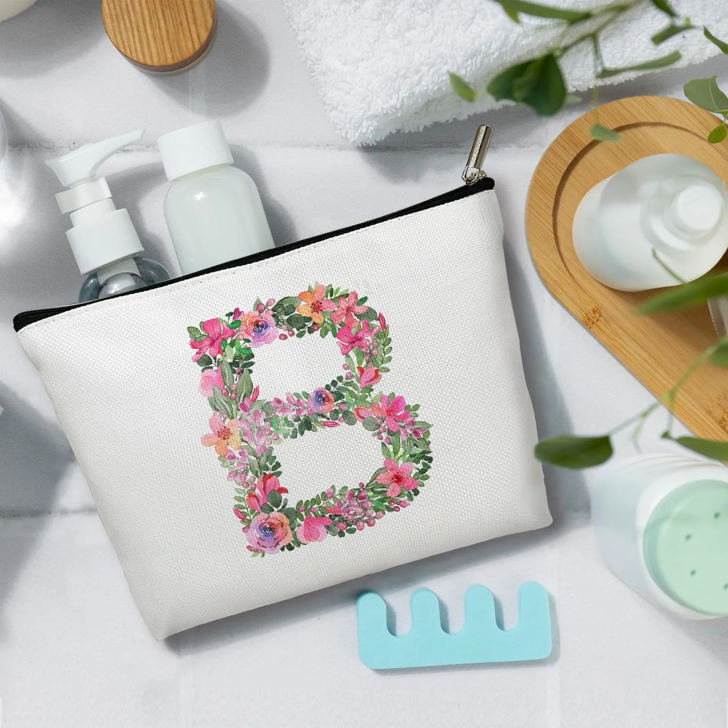 Initial Letter B Gifts for Women Mom Friend Besties Sister, Flower Monogrammed Makeup Bag, Cosmetic Travel Bag with Zipper for Mother's Day Wedding Graduation, Bride Bridesmaid Pouch Toiletry Bag - 02