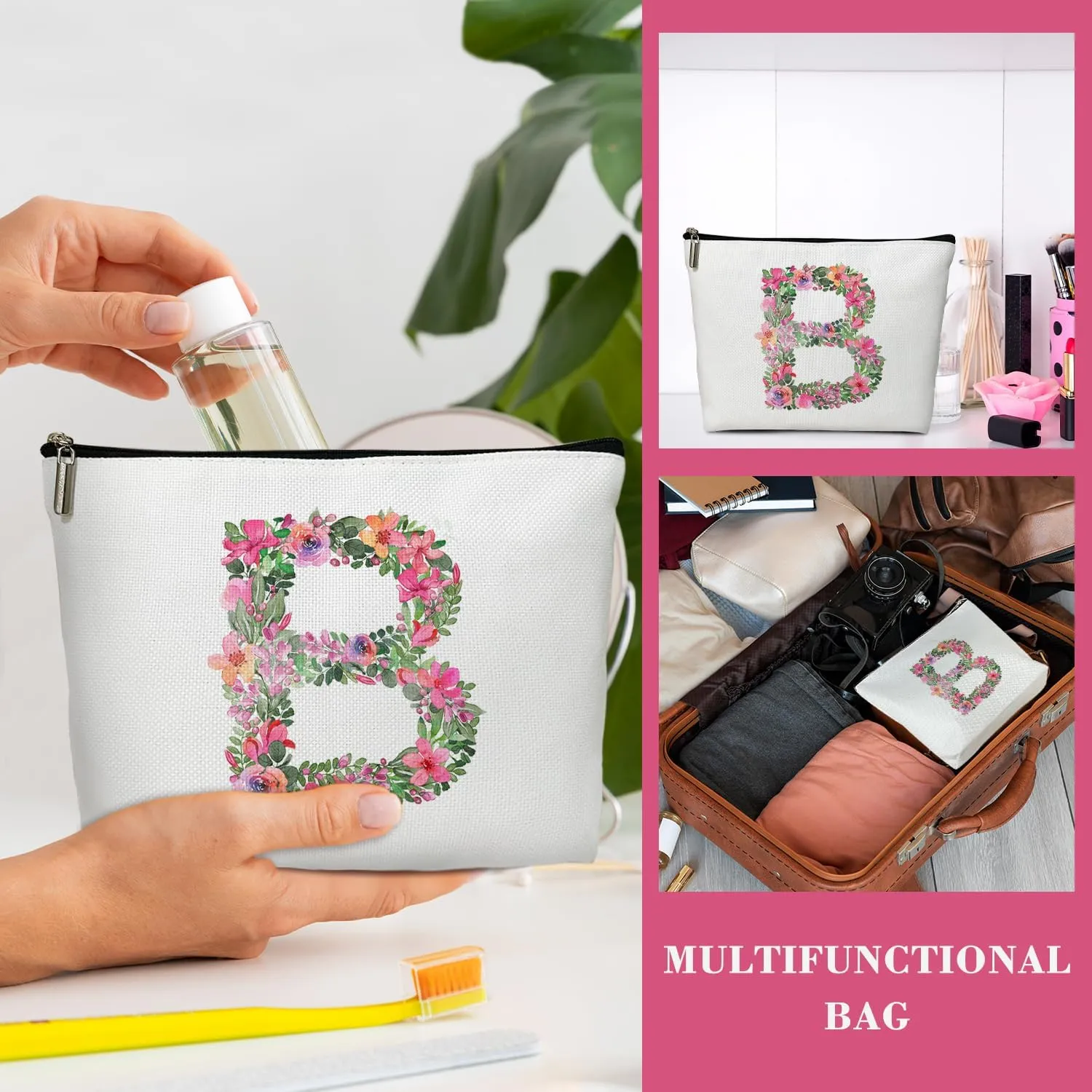 Initial Letter B Gifts for Women Mom Friend Besties Sister, Flower Monogrammed Makeup Bag, Cosmetic Travel Bag with Zipper for Mother's Day Wedding Graduation, Bride Bridesmaid Pouch Toiletry Bag - 02