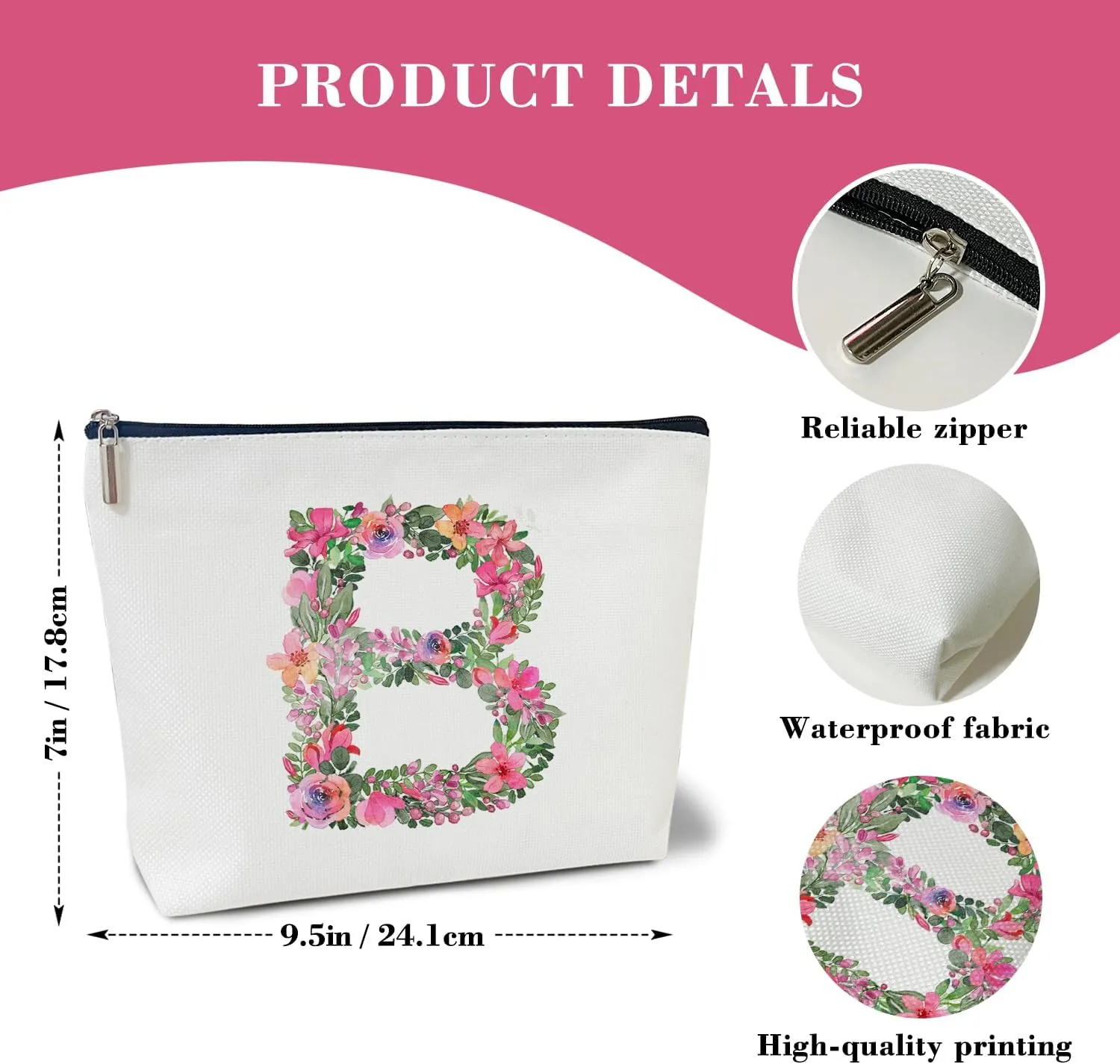 Initial Letter B Gifts for Women Mom Friend Besties Sister, Flower Monogrammed Makeup Bag, Cosmetic Travel Bag with Zipper for Mother's Day Wedding Graduation, Bride Bridesmaid Pouch Toiletry Bag - 02