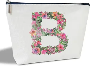 Initial Letter B Gifts for Women Mom Friend Besties Sister, Flower Monogrammed Makeup Bag, Cosmetic Travel Bag with Zipper for Mother's Day Wedding Graduation, Bride Bridesmaid Pouch Toiletry Bag - 02