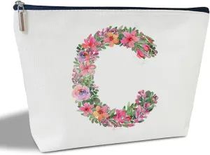 Initial Letter C Gifts for Women Mom Friend Besties Sister, Flower Monogrammed Makeup Bag, Cosmetic Travel Bag with Zipper for Mother's Day Wedding Graduation, Bride Bridesmaid Pouch Toiletry Bag - 03