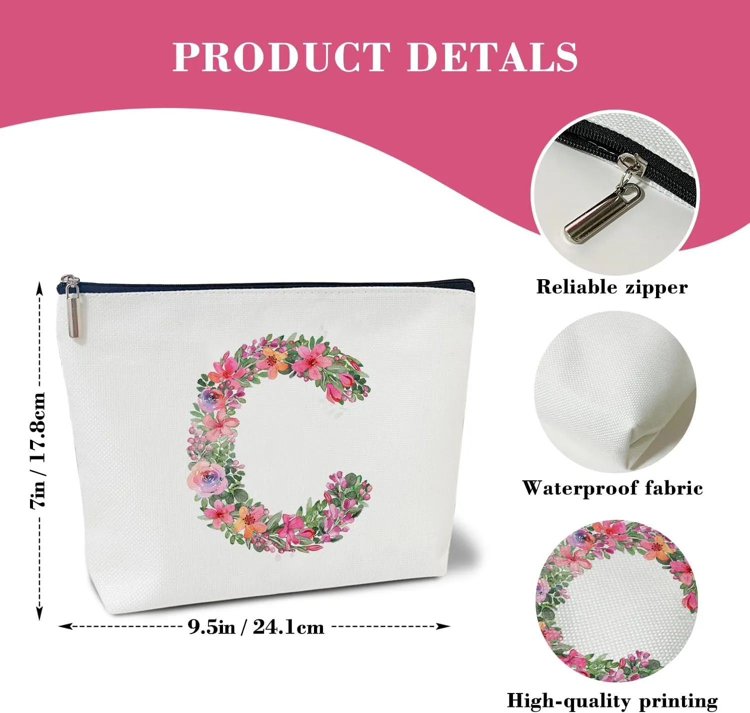 Initial Letter C Gifts for Women Mom Friend Besties Sister, Flower Monogrammed Makeup Bag, Cosmetic Travel Bag with Zipper for Mother's Day Wedding Graduation, Bride Bridesmaid Pouch Toiletry Bag - 03