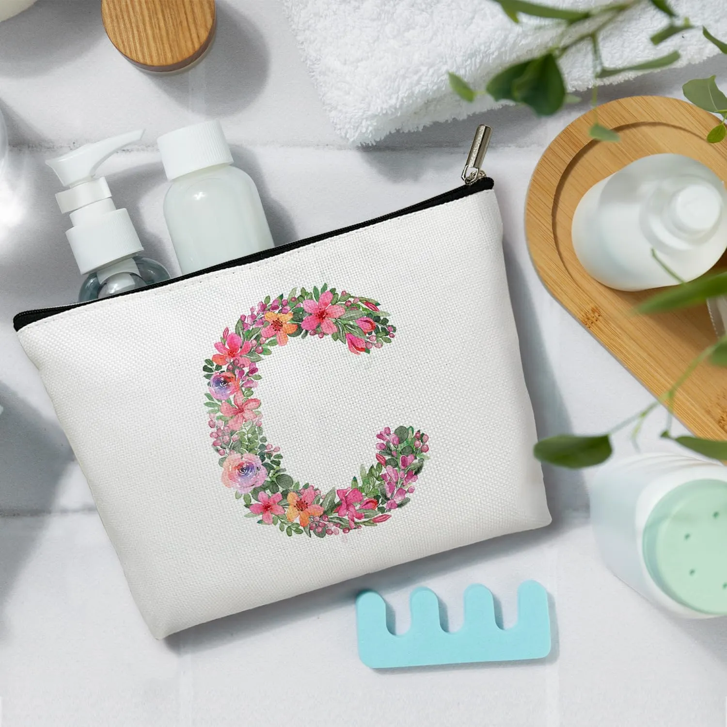 Initial Letter C Gifts for Women Mom Friend Besties Sister, Flower Monogrammed Makeup Bag, Cosmetic Travel Bag with Zipper for Mother's Day Wedding Graduation, Bride Bridesmaid Pouch Toiletry Bag - 03