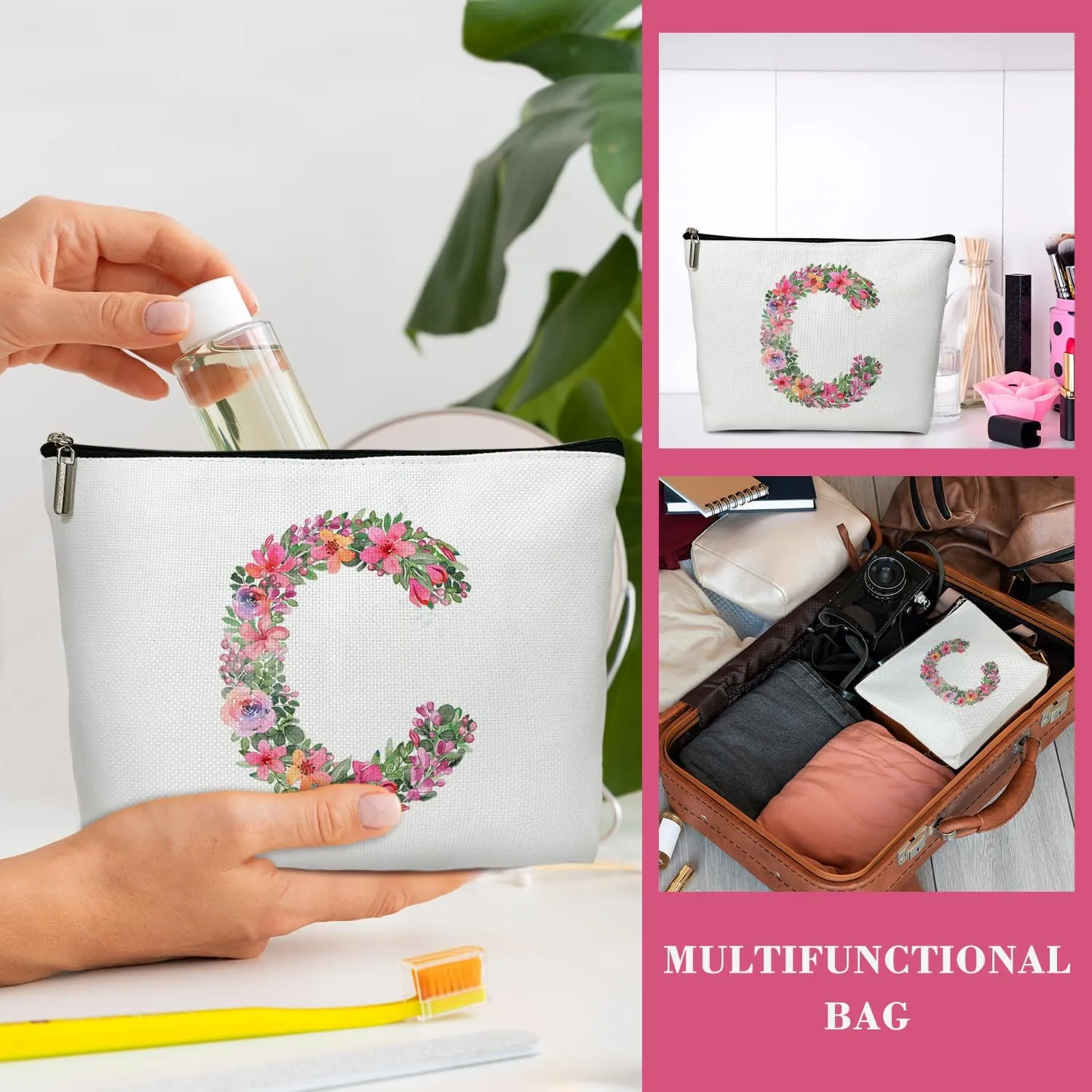 Initial Letter C Gifts for Women Mom Friend Besties Sister, Flower Monogrammed Makeup Bag, Cosmetic Travel Bag with Zipper for Mother's Day Wedding Graduation, Bride Bridesmaid Pouch Toiletry Bag - 03