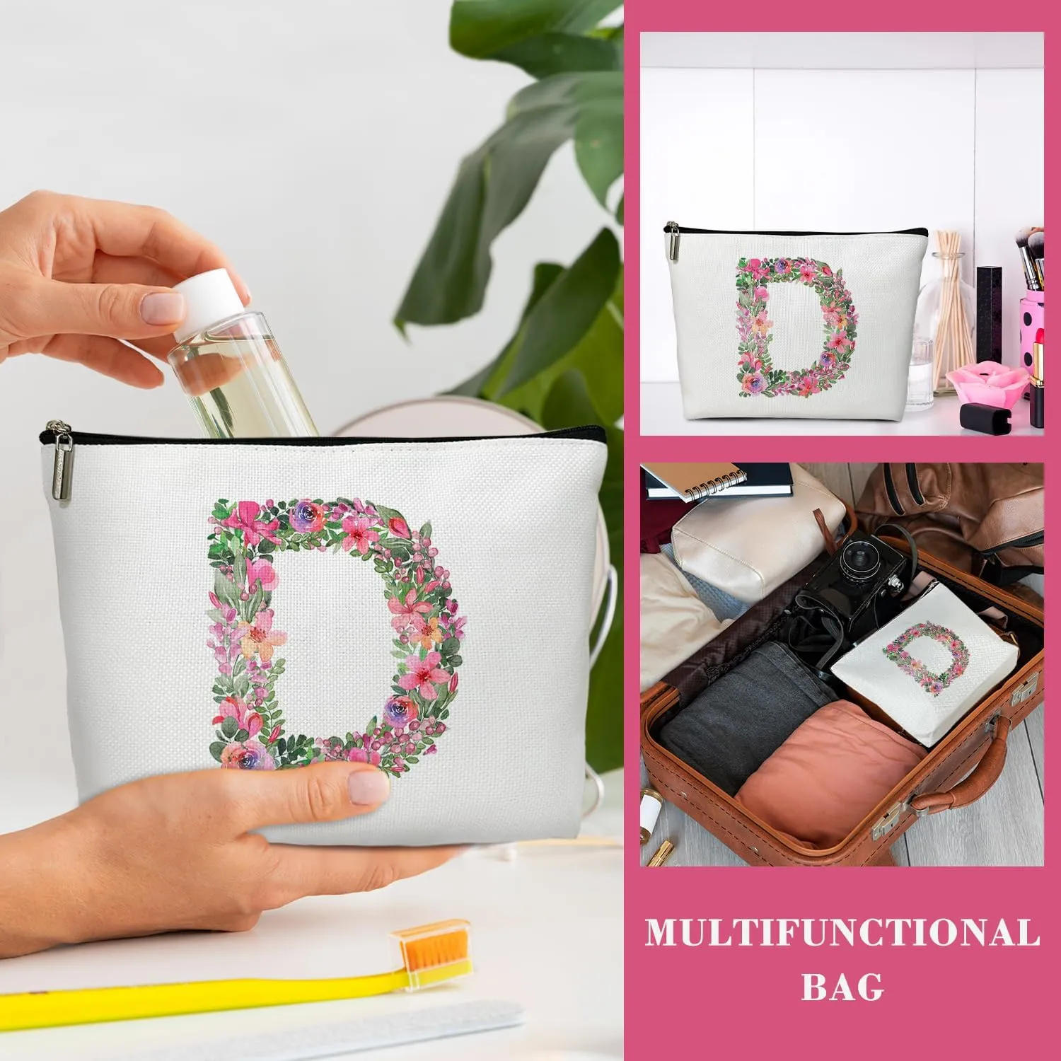 Initial Letter D Gifts for Women Mom Friend Besties Sister, Flower Monogrammed Makeup Bag, Cosmetic Travel Bag with Zipper for Mother's Day Wedding Graduation, Bride Bridesmaid Pouch Toiletry Bag - 04