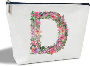 Initial Letter D Gifts for Women Mom Friend Besties Sister, Flower Monogrammed Makeup Bag, Cosmetic Travel Bag with Zipper for Mother's Day Wedding Graduation, Bride Bridesmaid Pouch Toiletry Bag - 04