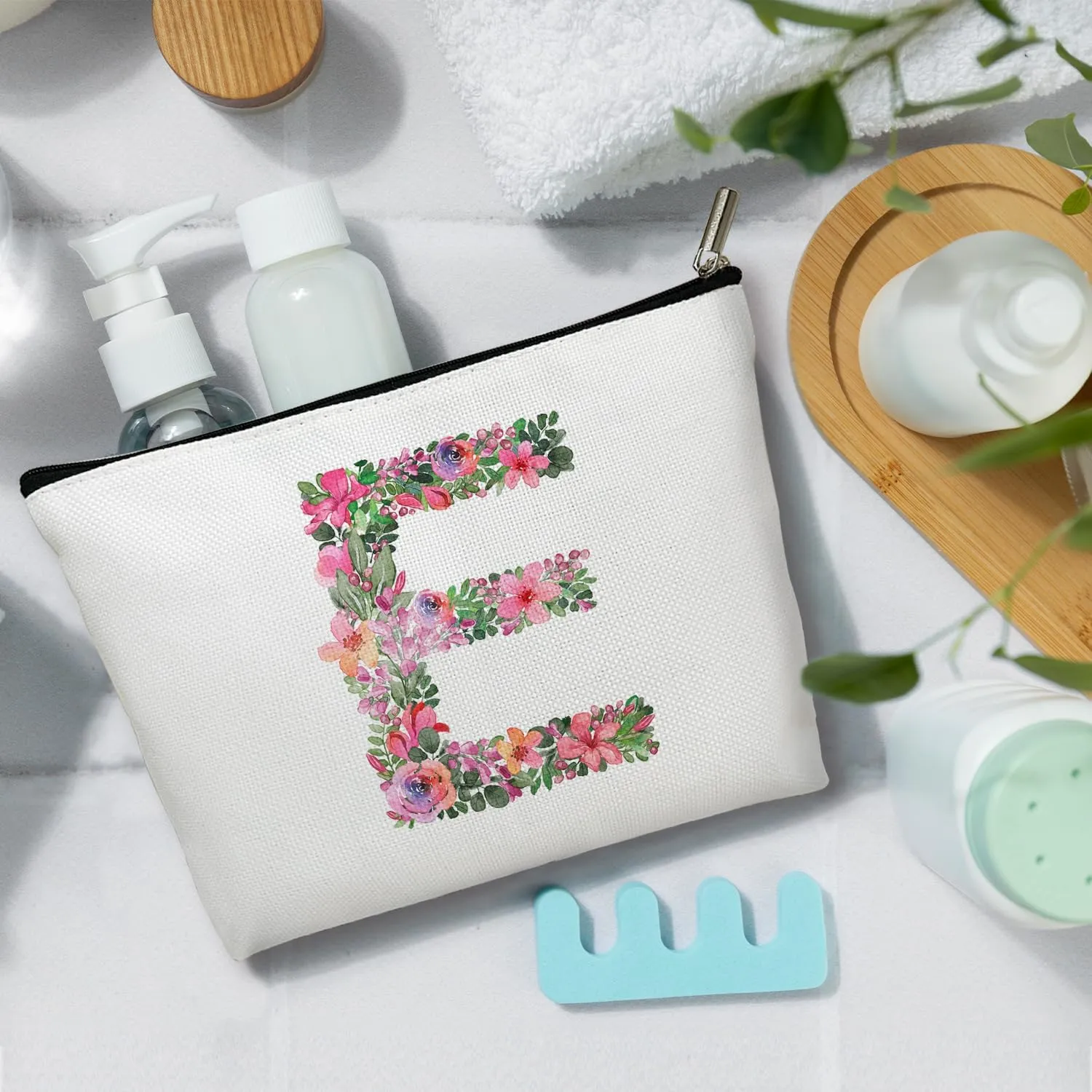 Initial Letter E Gifts for Women Mom Friend Besties Sister, Flower Monogrammed Makeup Bag, Cosmetic Travel Bag with Zipper for Mother's Day Wedding Graduation, Bride Bridesmaid Pouch Toiletry Bag - 05