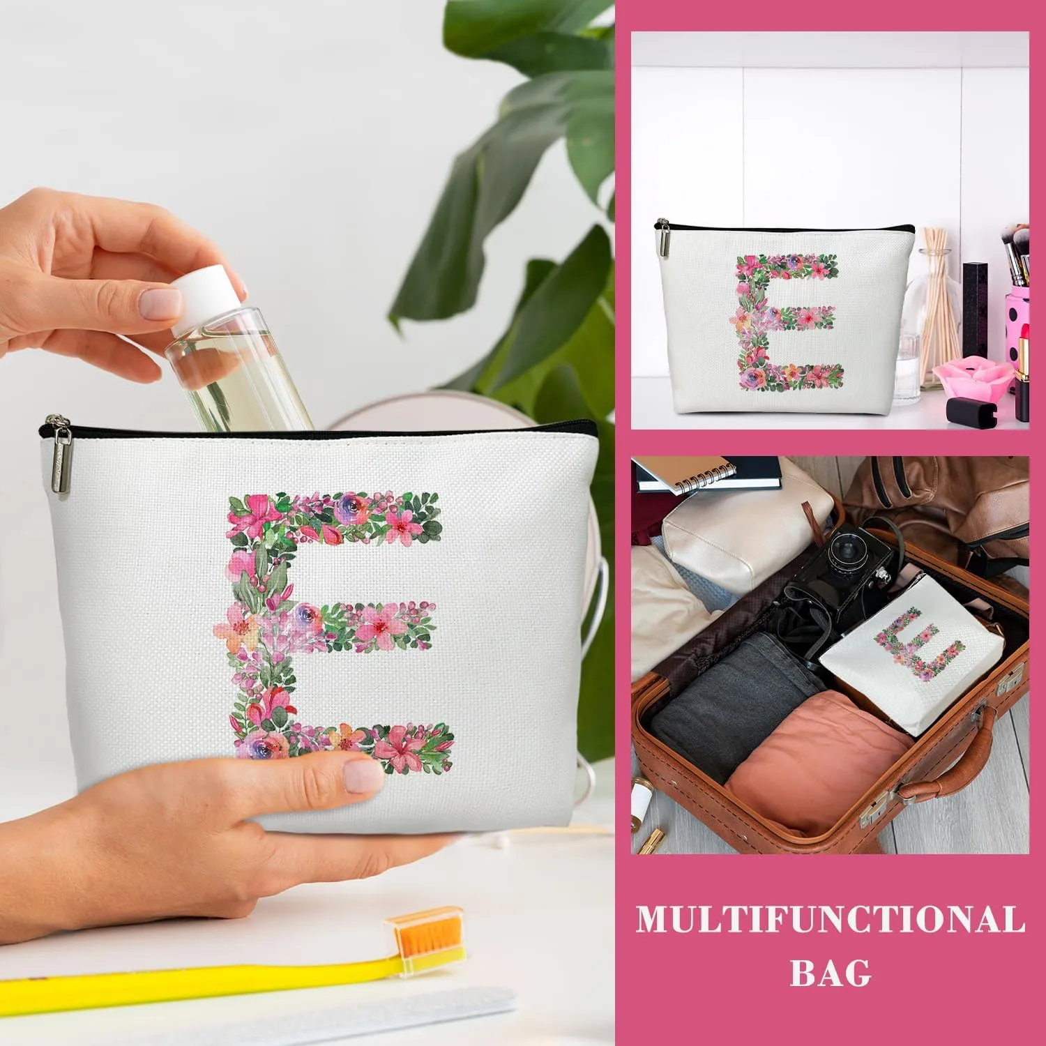 Initial Letter E Gifts for Women Mom Friend Besties Sister, Flower Monogrammed Makeup Bag, Cosmetic Travel Bag with Zipper for Mother's Day Wedding Graduation, Bride Bridesmaid Pouch Toiletry Bag - 05