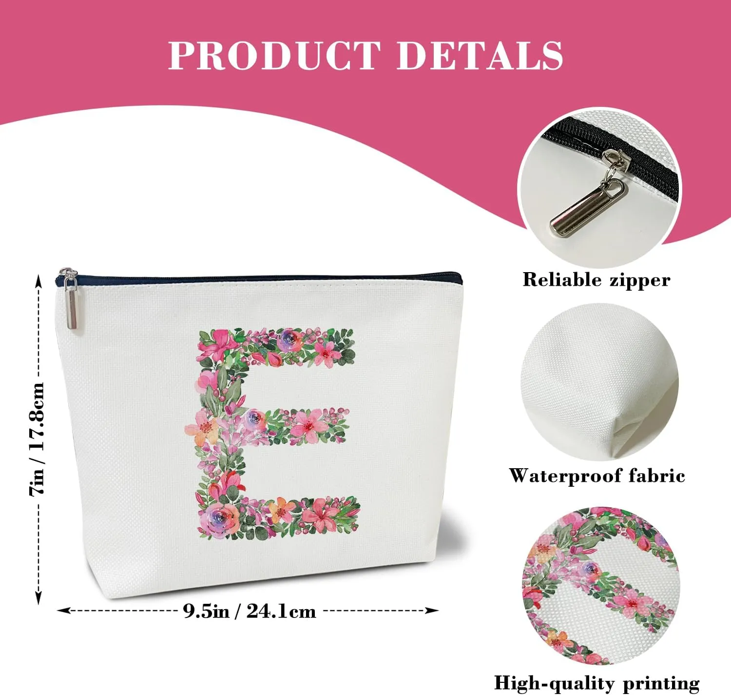 Initial Letter E Gifts for Women Mom Friend Besties Sister, Flower Monogrammed Makeup Bag, Cosmetic Travel Bag with Zipper for Mother's Day Wedding Graduation, Bride Bridesmaid Pouch Toiletry Bag - 05