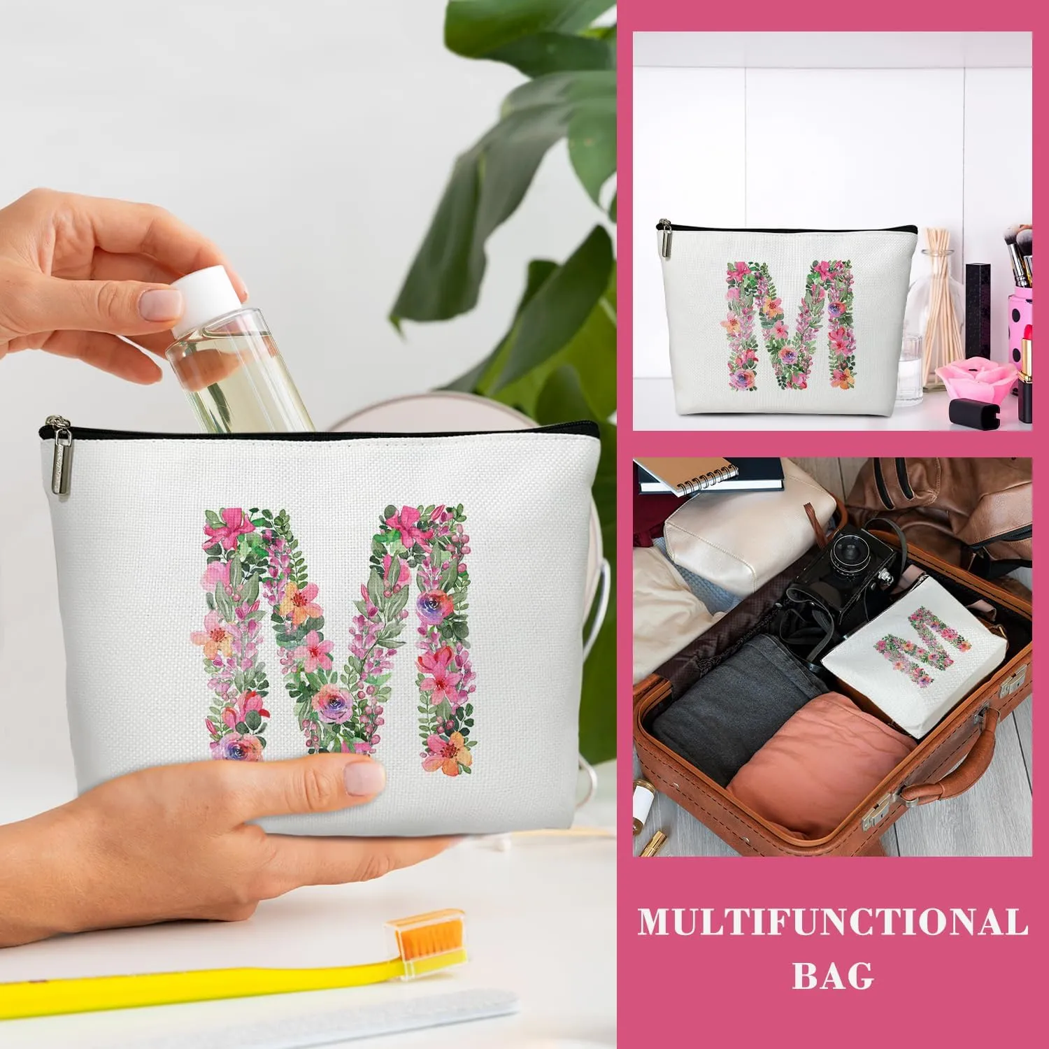 Initial Letter M Gifts for Women Mom Friend Besties Sister, Flower Monogrammed Makeup Bag, Cosmetic Travel Bag with Zipper for Mother's Day Wedding Graduation, Bride Bridesmaid Pouch Toiletry Bag - 13