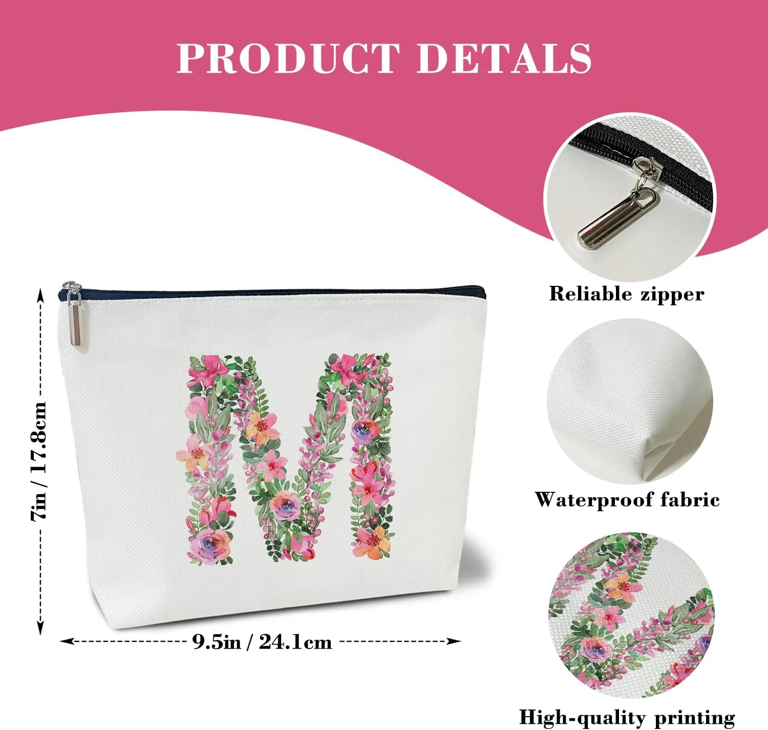 Initial Letter M Gifts for Women Mom Friend Besties Sister, Flower Monogrammed Makeup Bag, Cosmetic Travel Bag with Zipper for Mother's Day Wedding Graduation, Bride Bridesmaid Pouch Toiletry Bag - 13