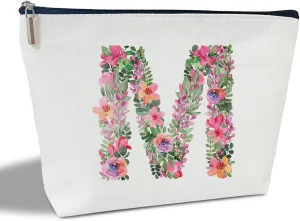 Initial Letter M Gifts for Women Mom Friend Besties Sister, Flower Monogrammed Makeup Bag, Cosmetic Travel Bag with Zipper for Mother's Day Wedding Graduation, Bride Bridesmaid Pouch Toiletry Bag - 13