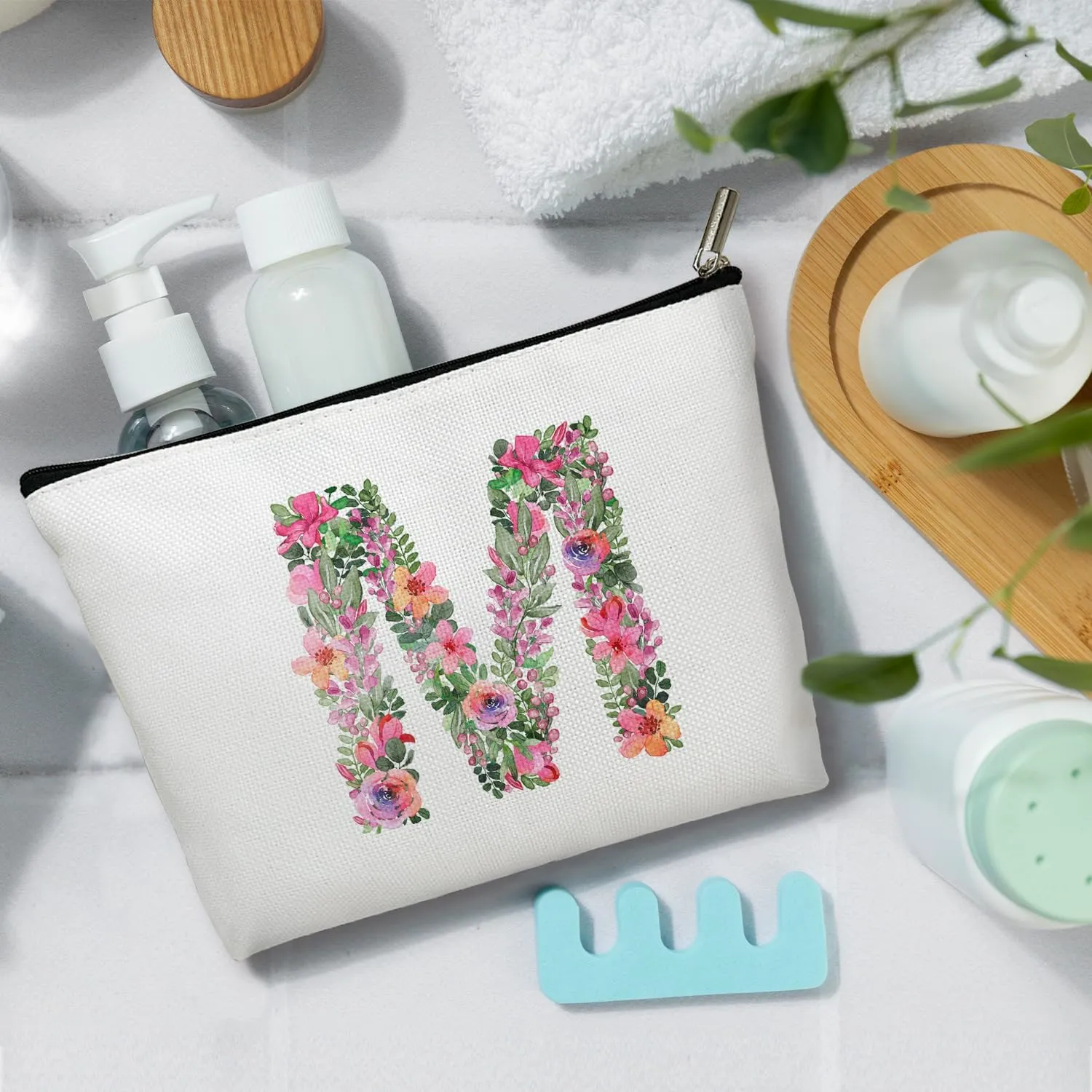 Initial Letter M Gifts for Women Mom Friend Besties Sister, Flower Monogrammed Makeup Bag, Cosmetic Travel Bag with Zipper for Mother's Day Wedding Graduation, Bride Bridesmaid Pouch Toiletry Bag - 13