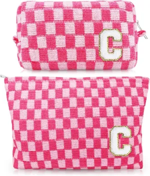 Initial Makeup Bags, Monogrammed Gifts for Women, Checkered Cosmetic Bag Travel Toiletry Bag Makeup Pouches Large Capacity Storage Bags - Personalized Bridesmaid, Birthday Gifts for Her Mom Friend
