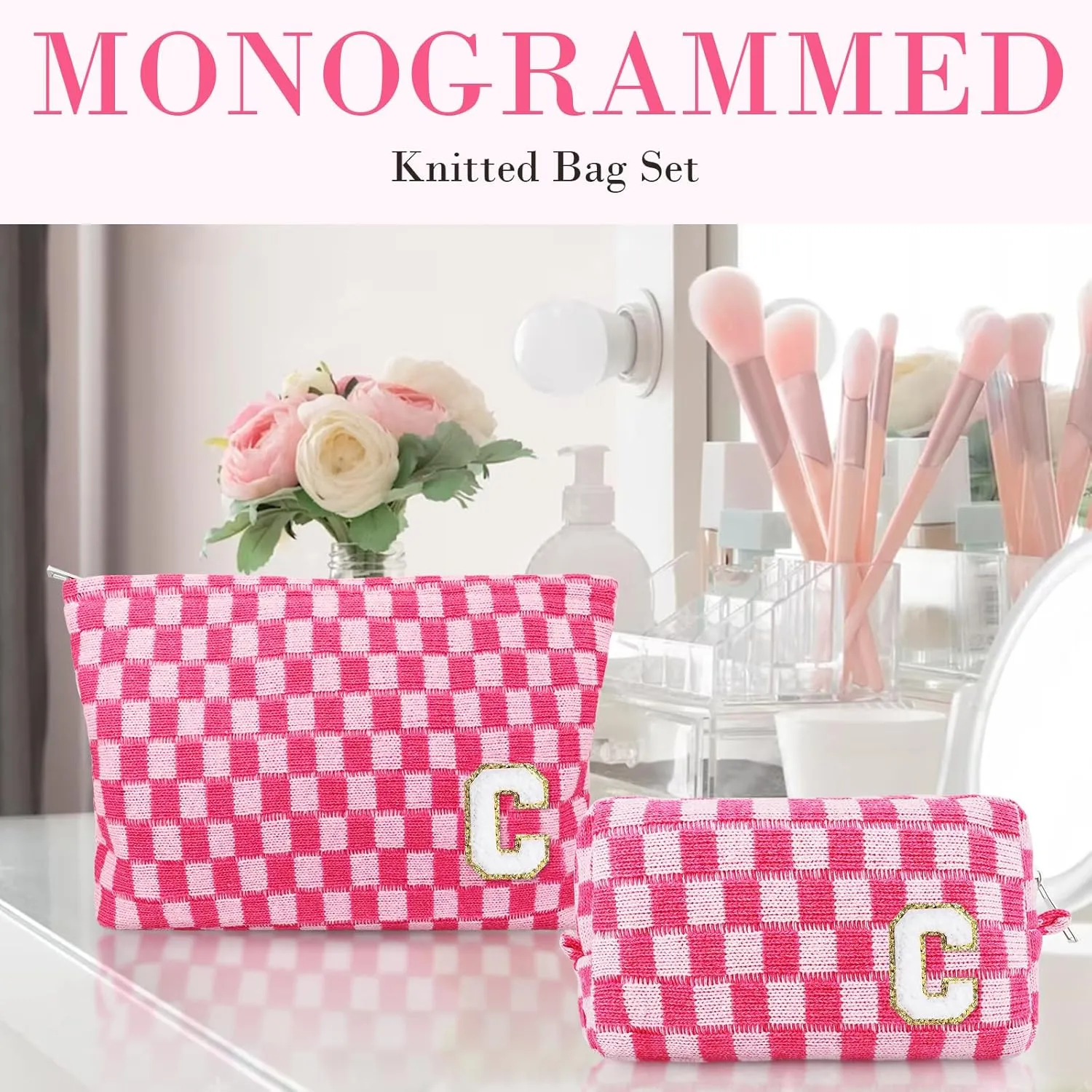 Initial Makeup Bags, Monogrammed Gifts for Women, Checkered Cosmetic Bag Travel Toiletry Bag Makeup Pouches Large Capacity Storage Bags - Personalized Bridesmaid, Birthday Gifts for Her Mom Friend