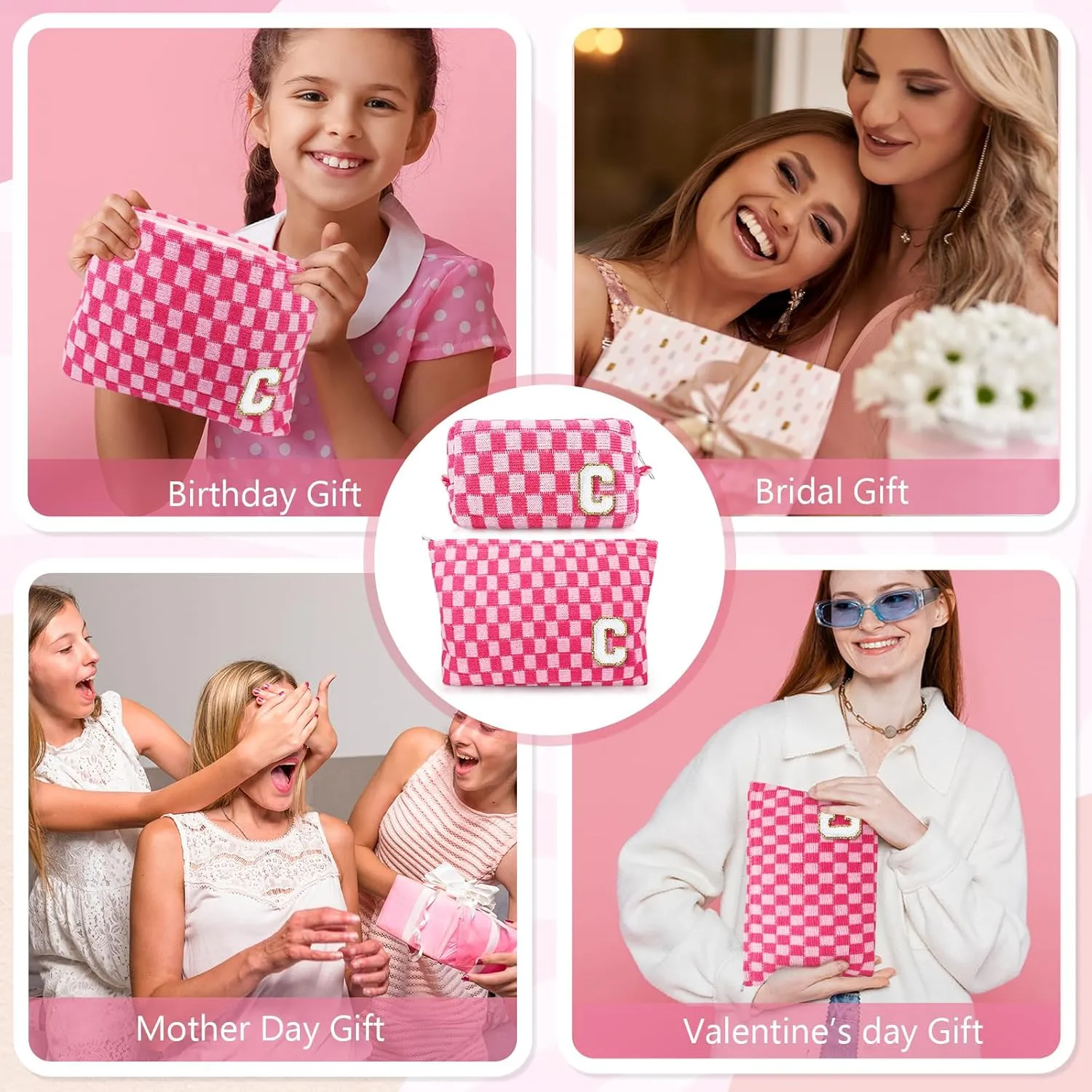 Initial Makeup Bags, Monogrammed Gifts for Women, Checkered Cosmetic Bag Travel Toiletry Bag Makeup Pouches Large Capacity Storage Bags - Personalized Bridesmaid, Birthday Gifts for Her Mom Friend
