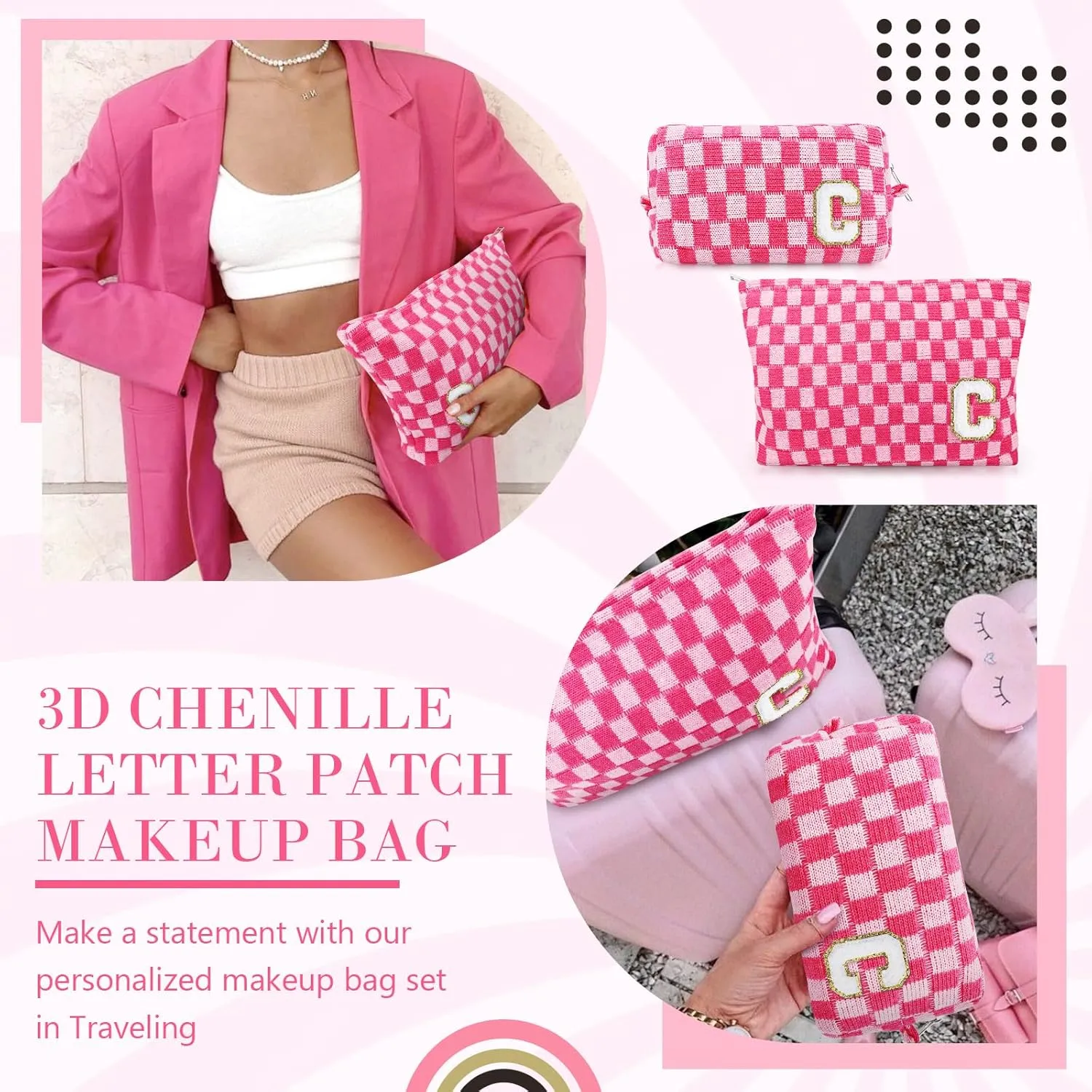 Initial Makeup Bags, Monogrammed Gifts for Women, Checkered Cosmetic Bag Travel Toiletry Bag Makeup Pouches Large Capacity Storage Bags - Personalized Bridesmaid, Birthday Gifts for Her Mom Friend