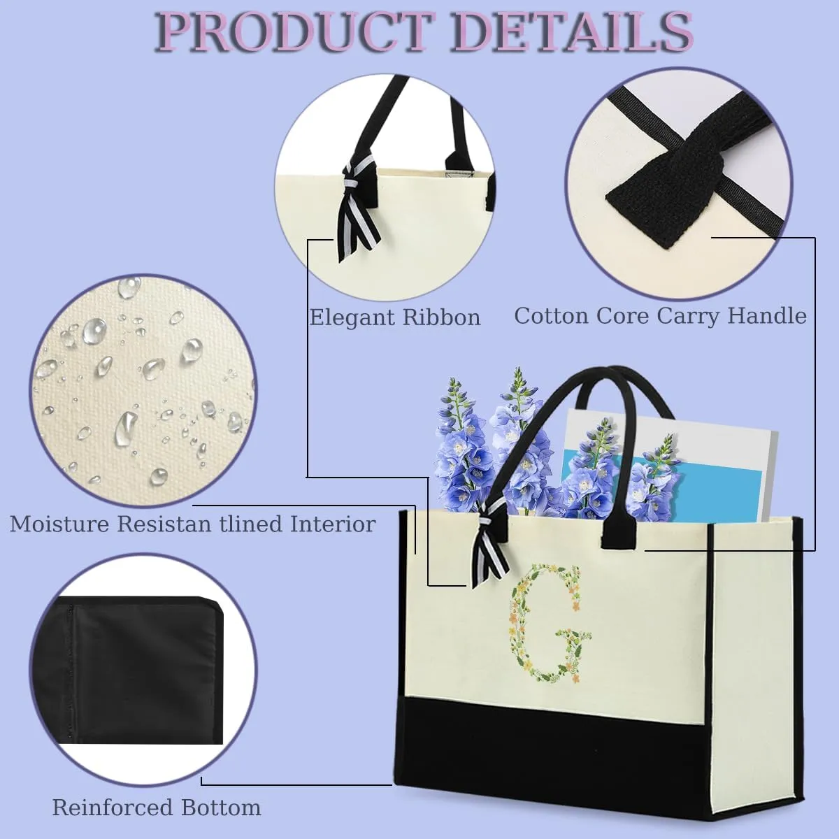 Initial Tote Bag Floral Personalized Beach Bag Reusable Grocery Bags Bridal Shower Wedding Monogrammed Gifts for Women