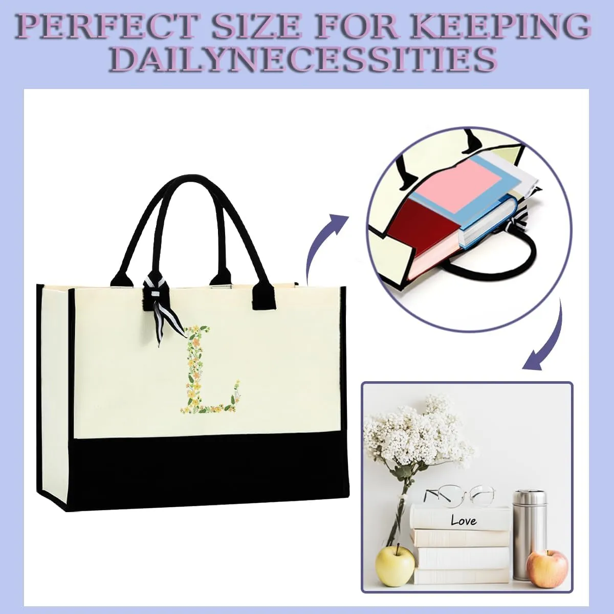 Initial Tote Bag Floral Personalized Beach Bag Reusable Grocery Bags Bridal Shower Wedding Monogrammed Gifts for Women