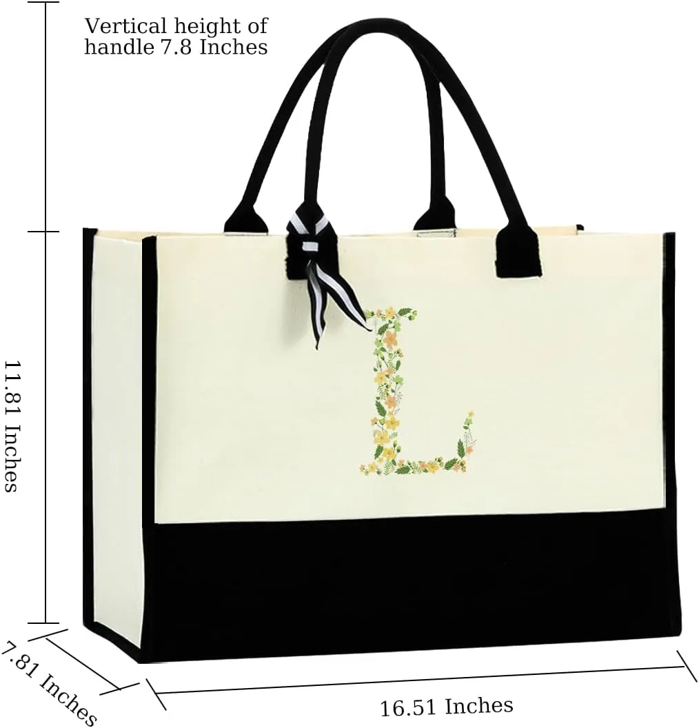 Initial Tote Bag Floral Personalized Beach Bag Reusable Grocery Bags Bridal Shower Wedding Monogrammed Gifts for Women