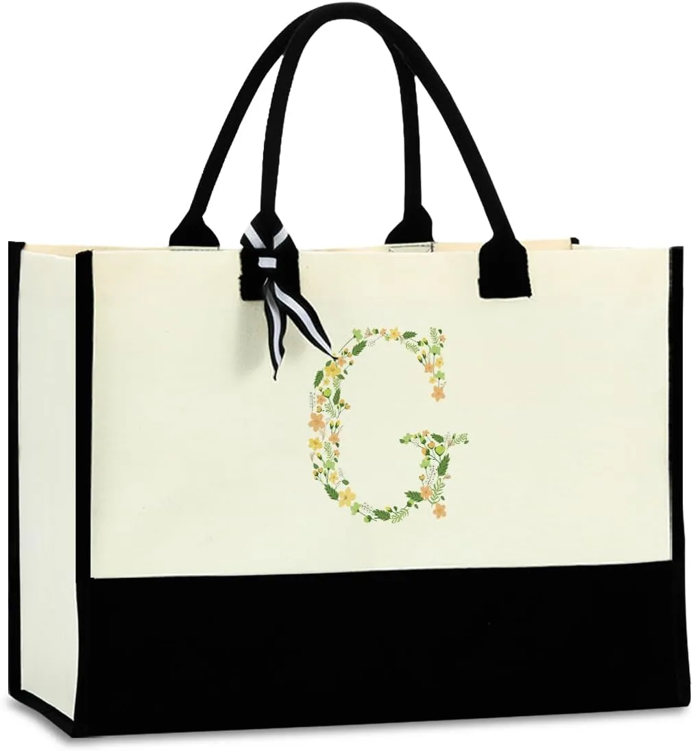 Initial Tote Bag Floral Personalized Beach Bag Reusable Grocery Bags Bridal Shower Wedding Monogrammed Gifts for Women