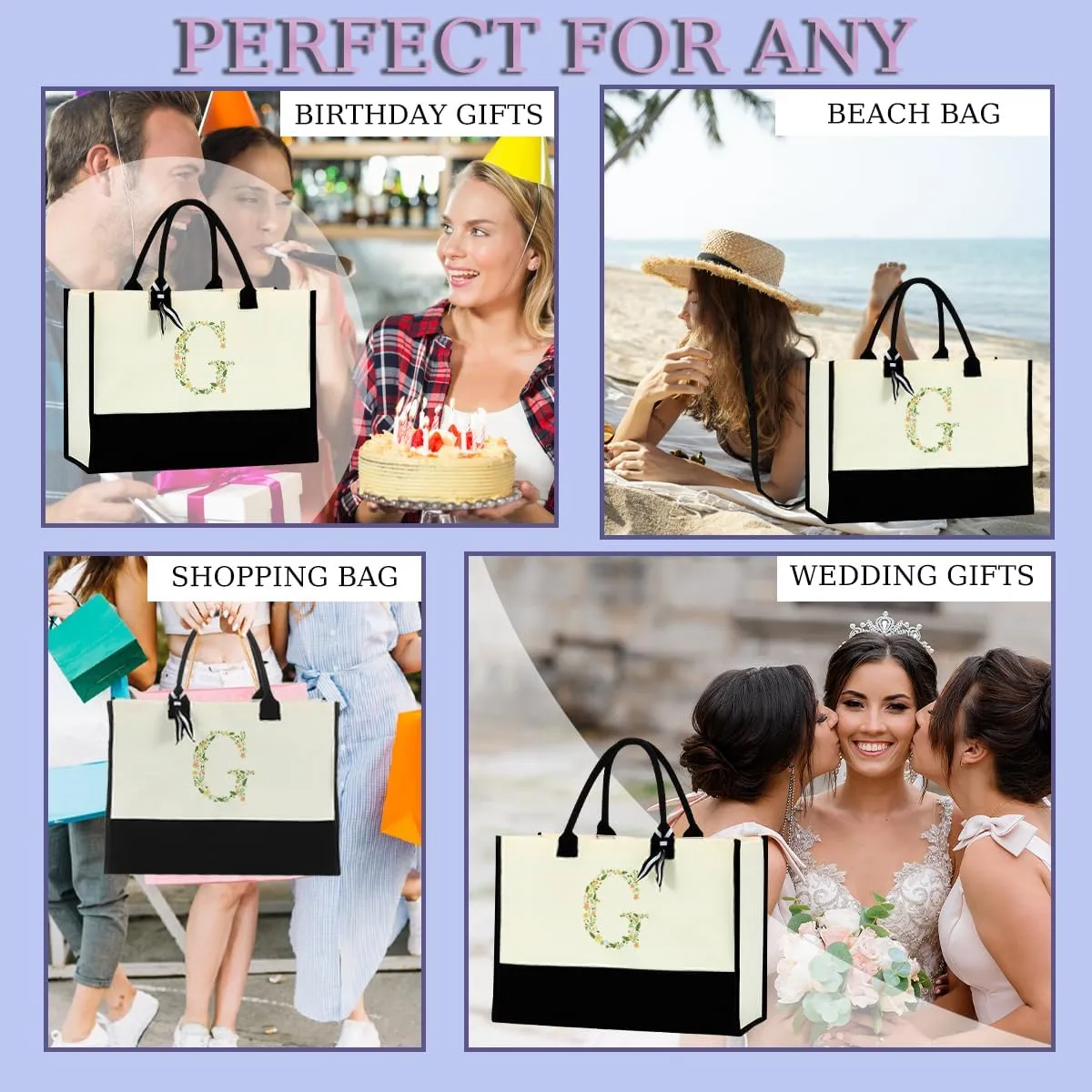 Initial Tote Bag Floral Personalized Beach Bag Reusable Grocery Bags Bridal Shower Wedding Monogrammed Gifts for Women
