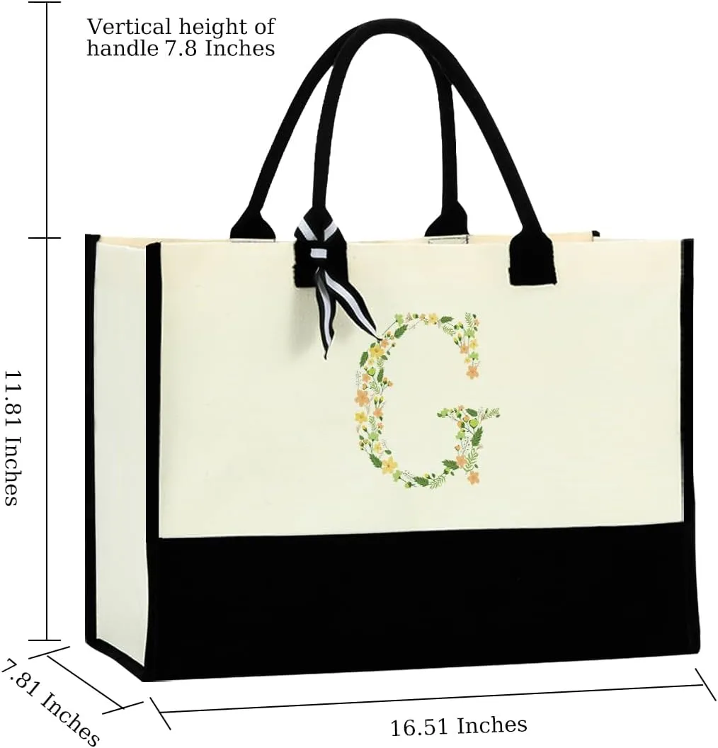 Initial Tote Bag Floral Personalized Beach Bag Reusable Grocery Bags Bridal Shower Wedding Monogrammed Gifts for Women
