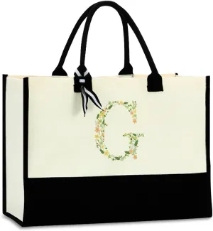 Initial Tote Bag Floral Personalized Beach Bag Reusable Grocery Bags Bridal Shower Wedding Monogrammed Gifts for Women
