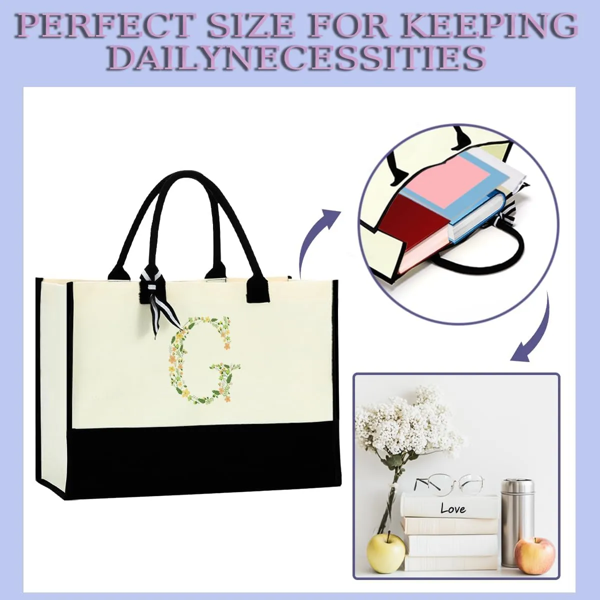 Initial Tote Bag Floral Personalized Beach Bag Reusable Grocery Bags Bridal Shower Wedding Monogrammed Gifts for Women