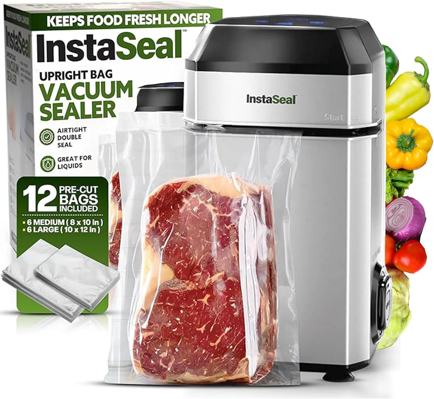 InstaSeal Food Vacuum Sealer Machine with 12 Bags, Compact Upright Food Sealer Vacuum Sealer for Food Allows to Seal Liquids, Marinades, Vegetables, Meats and More, Saver Keeps Food Fresher Longer