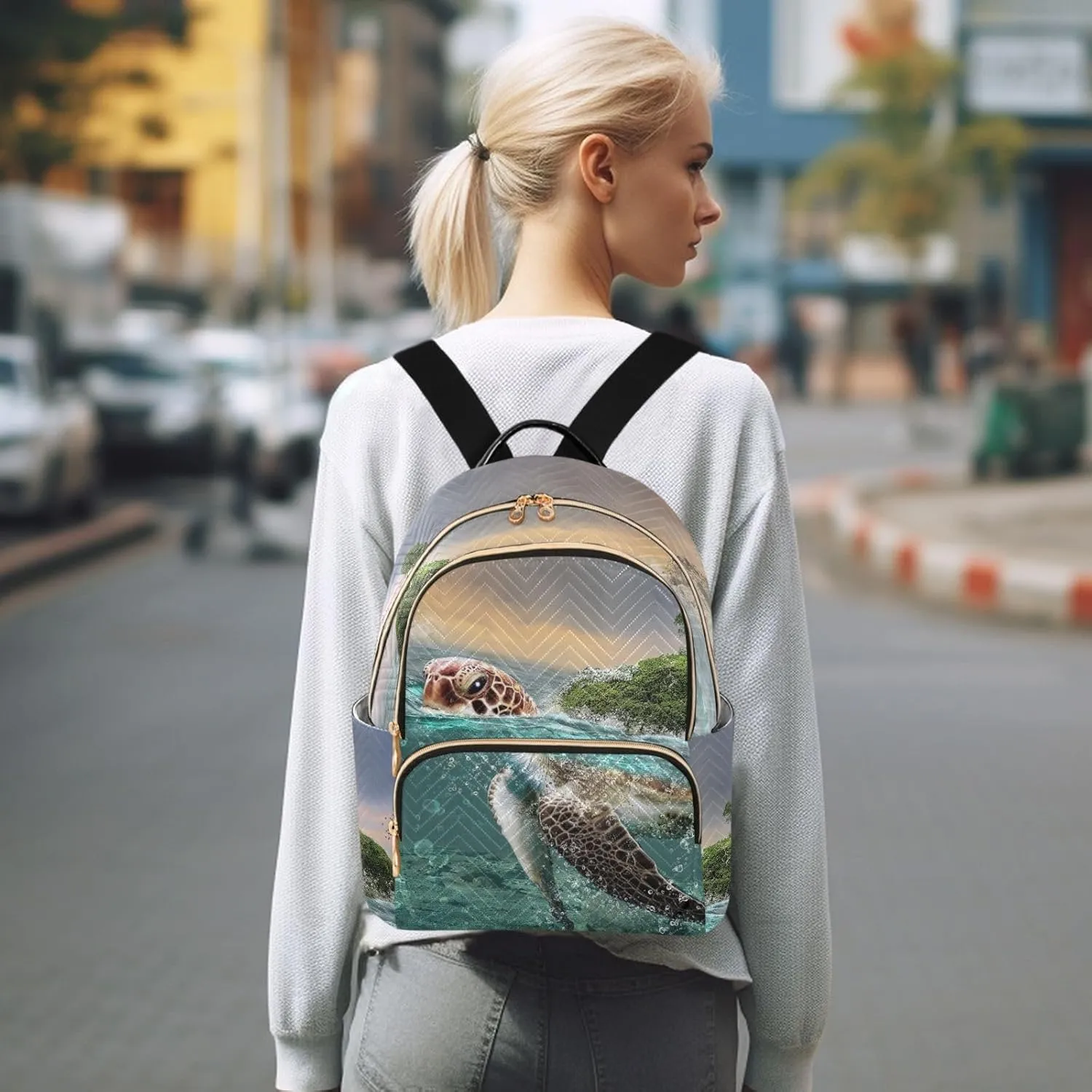 Islands & Turtles Mini Backpack Women's Quilted Small Backpack Purse for Women College Fashion Travel Daypack Shoulder Bag