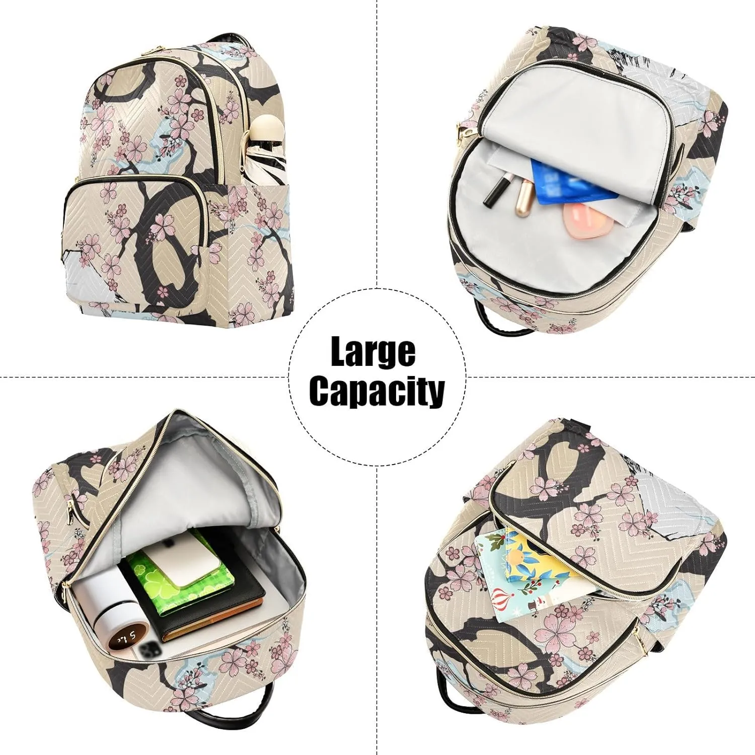 Japanese Fuji Mountain and Sakua Tree Mini Backpack Women's Quilted Small Backpack Purse for Women College Fashion Travel Daypack Shoulder Bag