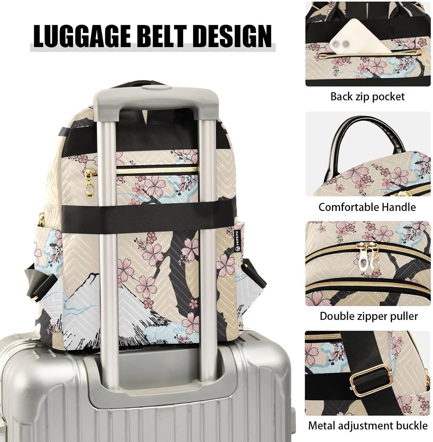 Japanese Fuji Mountain and Sakua Tree Mini Backpack Women's Quilted Small Backpack Purse for Women College Fashion Travel Daypack Shoulder Bag