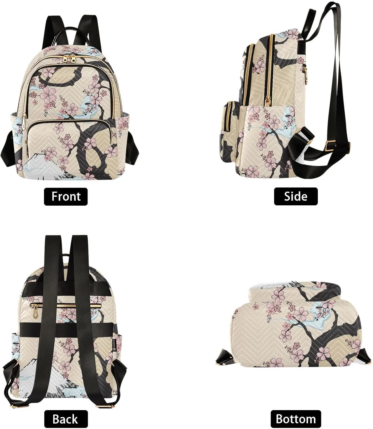 Japanese Fuji Mountain and Sakua Tree Mini Backpack Women's Quilted Small Backpack Purse for Women College Fashion Travel Daypack Shoulder Bag