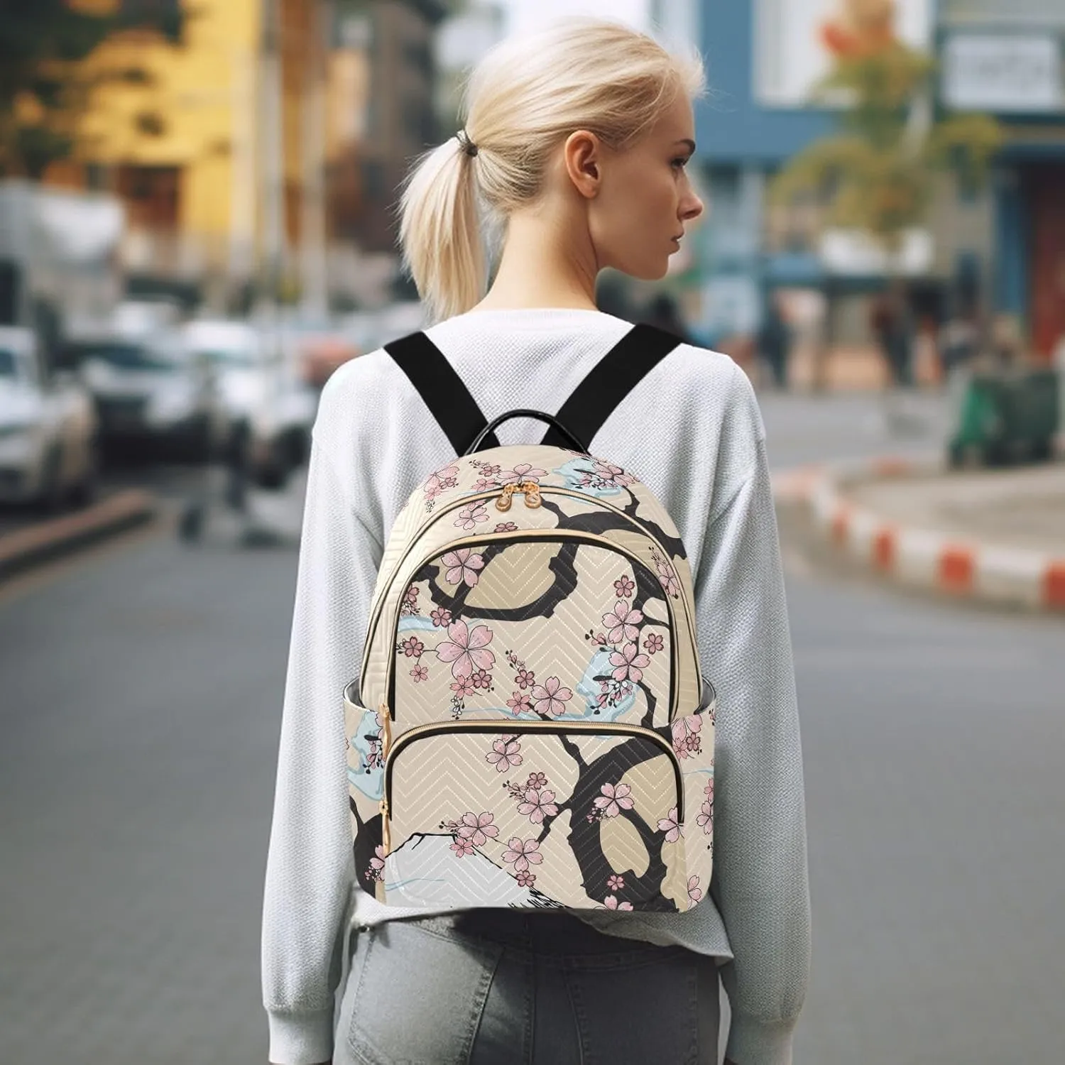 Japanese Fuji Mountain and Sakua Tree Mini Backpack Women's Quilted Small Backpack Purse for Women College Fashion Travel Daypack Shoulder Bag